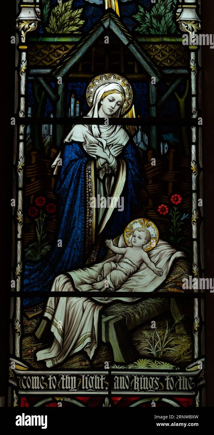 Mary and infant Jesus stained glass, St. Peter`s Church, Ipsley, Redditch, Worcestershire, UK Stock Photo